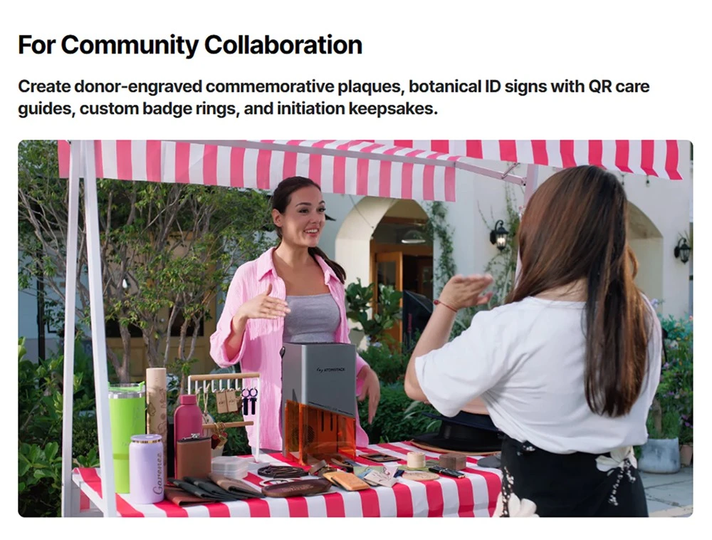 Graveur laser diode ATOMSTACK Atelier 12W, classe 1 FDA, vitesse de 4000 mm/s, précision de 0,01 mm, zone de travail de 120 x 120 mm, caméra HD intégrée, compatible avec le bois, le métal, le cuir et le feutre.