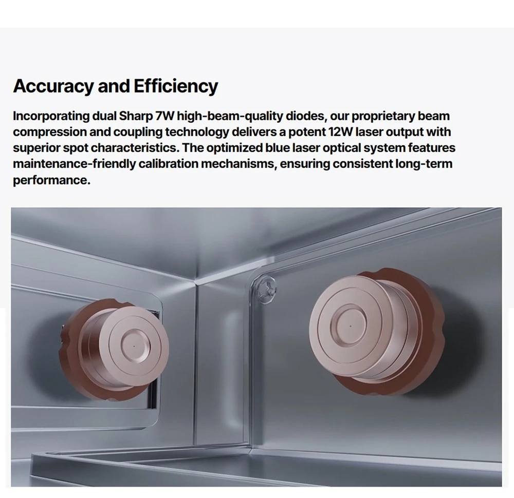 Graveur laser diode ATOMSTACK Atelier 12W, classe 1 FDA, vitesse de 4000 mm/s, précision de 0,01 mm, zone de travail de 120 x 120 mm, caméra HD intégrée, compatible avec le bois, le métal, le cuir et le feutre.