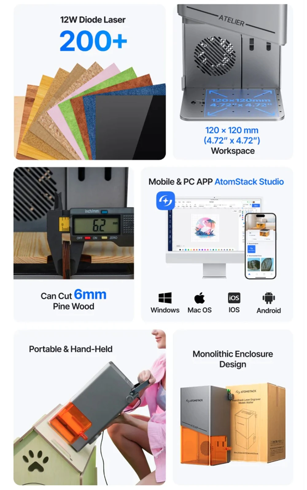 Graveur laser diode ATOMSTACK Atelier 12W, classe 1 FDA, vitesse de 4000 mm/s, précision de 0,01 mm, zone de travail de 120 x 120 mm, caméra HD intégrée, compatible avec le bois, le métal, le cuir et le feutre.