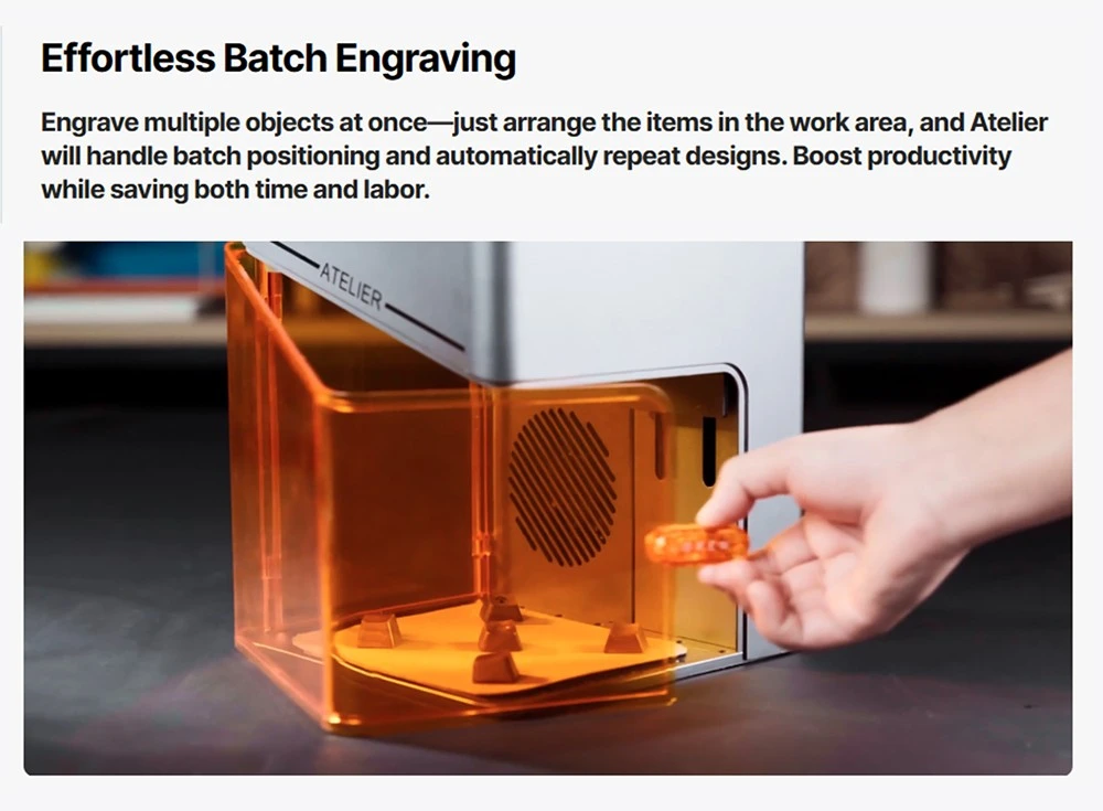 Graveur laser diode ATOMSTACK Atelier 12W, classe 1 FDA, vitesse de 4000 mm/s, précision de 0,01 mm, zone de travail de 120 x 120 mm, caméra HD intégrée, compatible avec le bois, le métal, le cuir et le feutre.