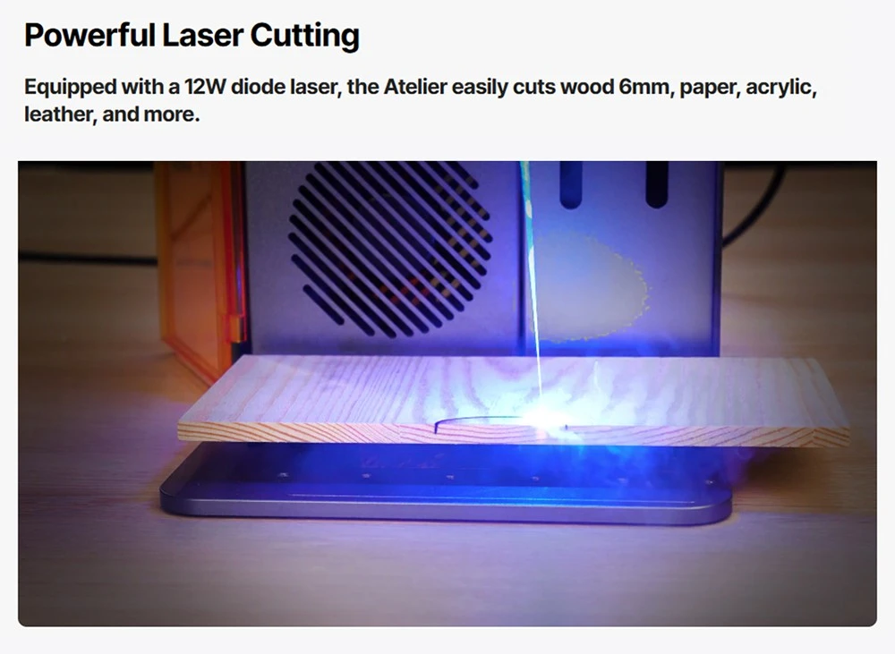 Graveur laser diode ATOMSTACK Atelier 12W, classe 1 FDA, vitesse de 4000 mm/s, précision de 0,01 mm, zone de travail de 120 x 120 mm, caméra HD intégrée, compatible avec le bois, le métal, le cuir et le feutre.