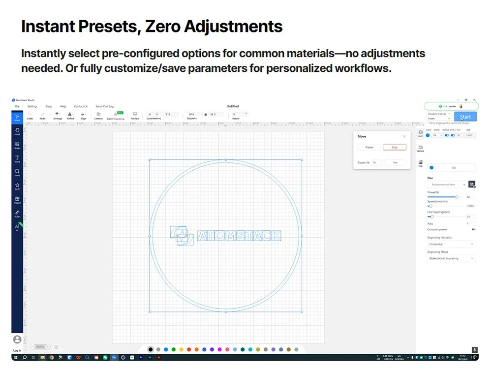 Graveur laser diode ATOMSTACK Atelier 12W, classe 1 FDA, vitesse de 4000 mm/s, précision de 0,01 mm, zone de travail de 120 x 120 mm, caméra HD intégrée, compatible avec le bois, le métal, le cuir et le feutre.