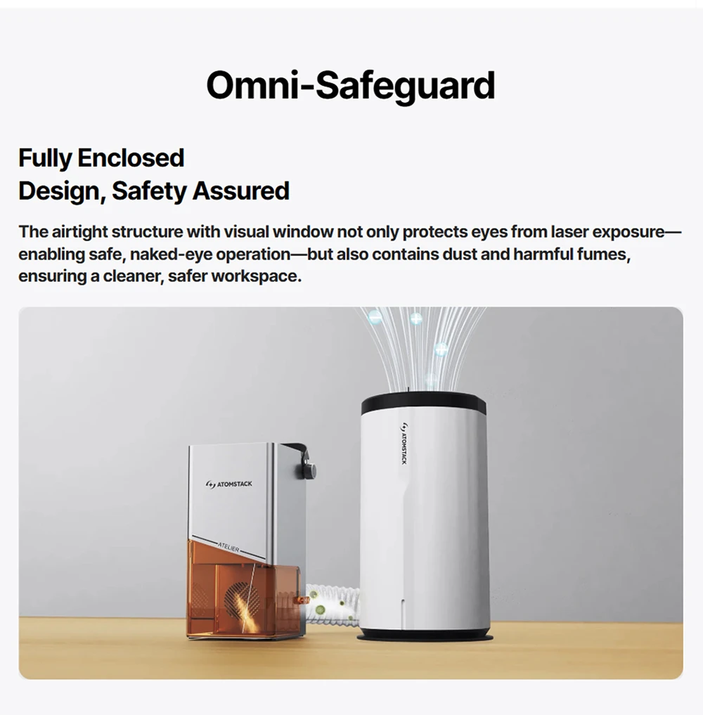Graveur laser diode ATOMSTACK Atelier 12W, classe 1 FDA, vitesse de 4000 mm/s, précision de 0,01 mm, zone de travail de 120 x 120 mm, caméra HD intégrée, compatible avec le bois, le métal, le cuir et le feutre.