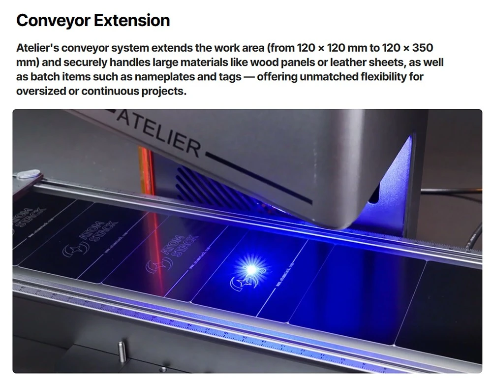 Graveur laser diode ATOMSTACK Atelier 12W, classe 1 FDA, vitesse de 4000 mm/s, précision de 0,01 mm, zone de travail de 120 x 120 mm, caméra HD intégrée, compatible avec le bois, le métal, le cuir et le feutre.