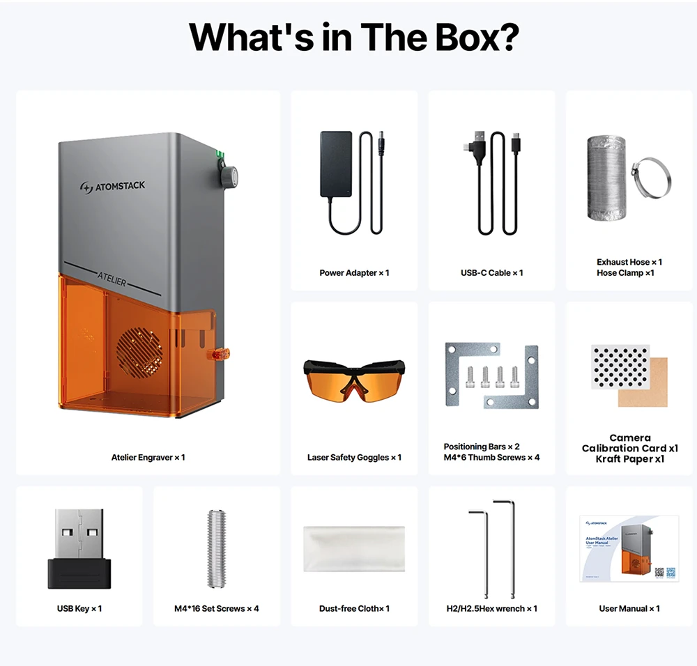 Graveur laser diode ATOMSTACK Atelier 12W, classe 1 FDA, vitesse de 4000 mm/s, précision de 0,01 mm, zone de travail de 120 x 120 mm, caméra HD intégrée, compatible avec le bois, le métal, le cuir et le feutre.