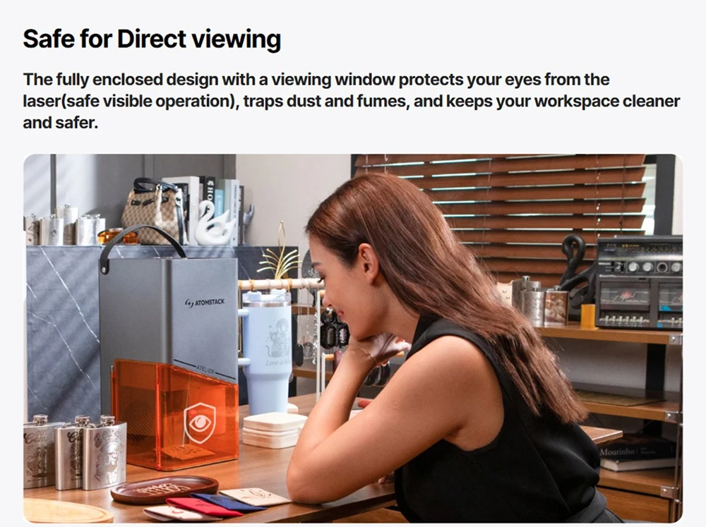 Graveur laser diode ATOMSTACK Atelier 12W, classe 1 FDA, vitesse de 4000 mm/s, précision de 0,01 mm, zone de travail de 120 x 120 mm, caméra HD intégrée, compatible avec le bois, le métal, le cuir et le feutre.