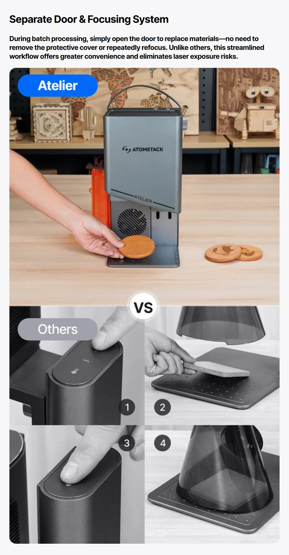 Graveur laser diode ATOMSTACK Atelier 12W, classe 1 FDA, vitesse de 4000 mm/s, précision de 0,01 mm, zone de travail de 120 x 120 mm, caméra HD intégrée, compatible avec le bois, le métal, le cuir et le feutre.