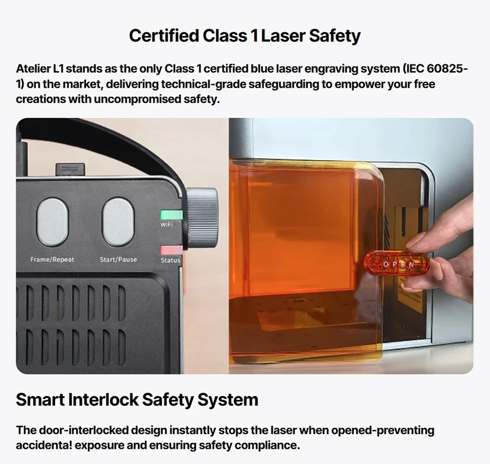 Graveur laser diode ATOMSTACK Atelier 12W, classe 1 FDA, vitesse de 4000 mm/s, précision de 0,01 mm, zone de travail de 120 x 120 mm, caméra HD intégrée, compatible avec le bois, le métal, le cuir et le feutre.