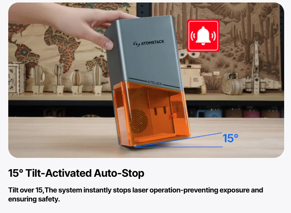Graveur laser diode ATOMSTACK Atelier 12W, classe 1 FDA, vitesse de 4000 mm/s, précision de 0,01 mm, zone de travail de 120 x 120 mm, caméra HD intégrée, compatible avec le bois, le métal, le cuir et le feutre.