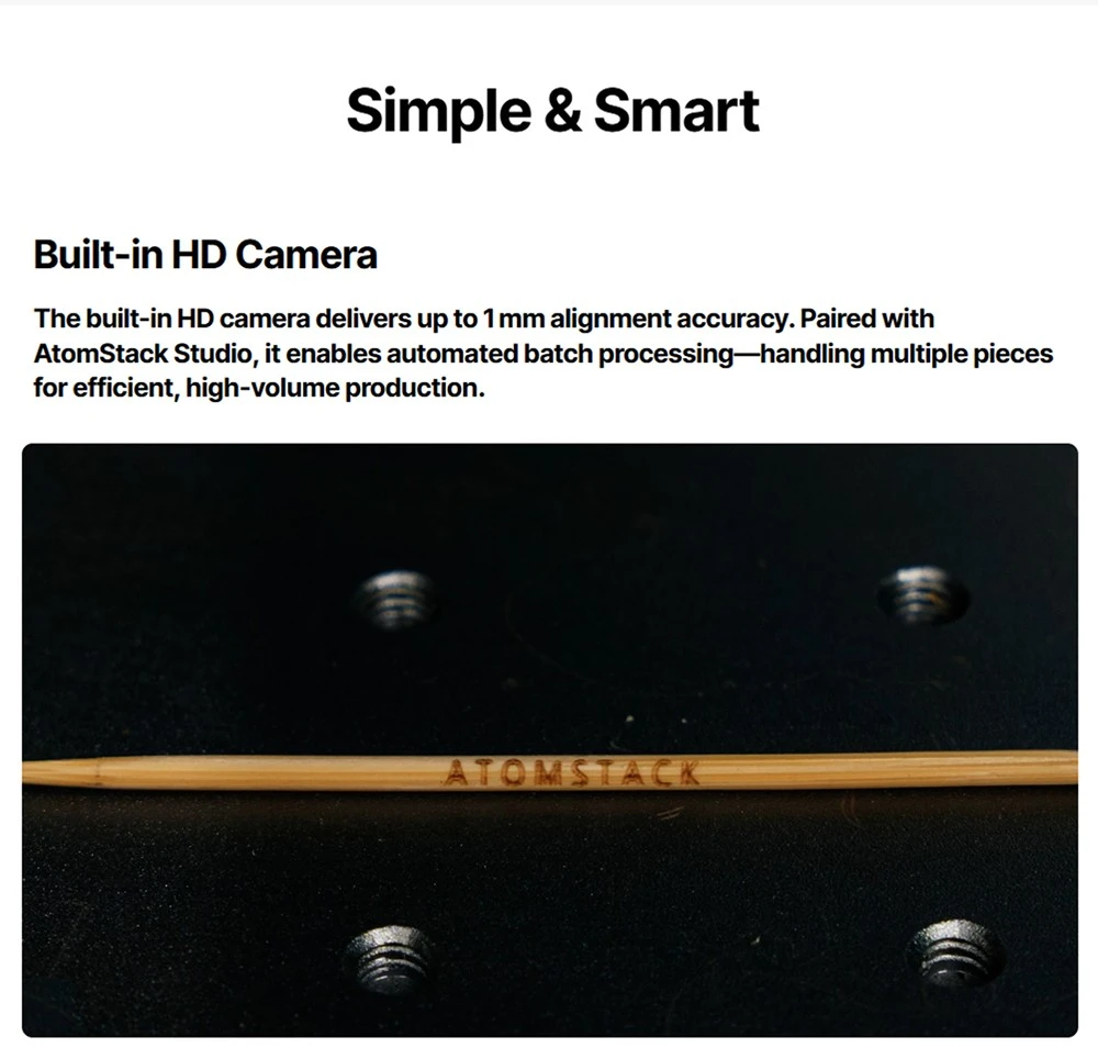 Graveur laser diode ATOMSTACK Atelier 12W, classe 1 FDA, vitesse de 4000 mm/s, précision de 0,01 mm, zone de travail de 120 x 120 mm, caméra HD intégrée, compatible avec le bois, le métal, le cuir et le feutre.