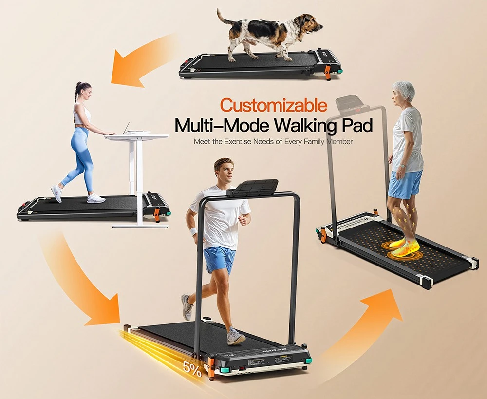 Tapis de marche double face Akluer 520A-B avec poignée, moteur silencieux de 2,5 CV, vitesse maximale de 6,4 km/h, capacité de 150 kg, double affichage LED, inclinaison manuelle et masseur de pieds intégré.