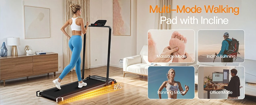 Tapis de marche double face Akluer 520A-B avec poignée, moteur silencieux de 2,5 CV, vitesse maximale de 6,4 km/h, capacité de 150 kg, double affichage LED, inclinaison manuelle et masseur de pieds intégré.