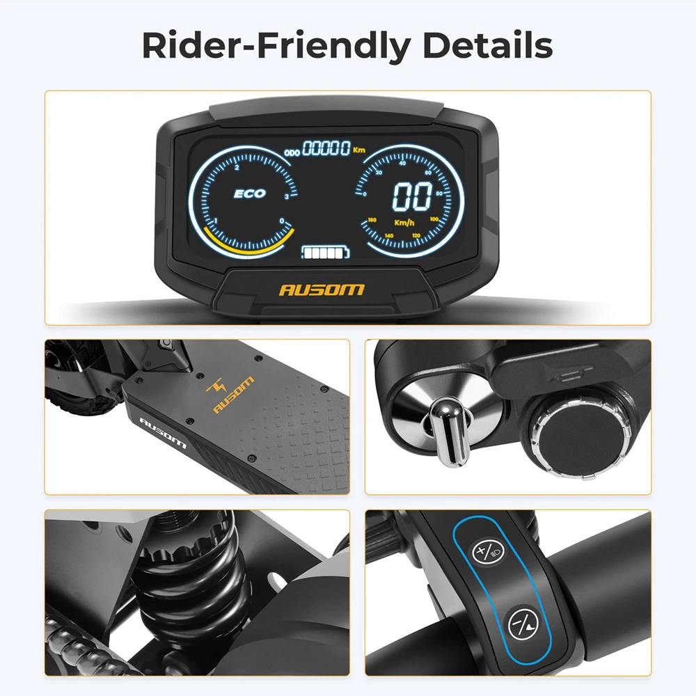 Trottinette électrique Ausom L1 Max, moteur 1000 W, batterie 48 V 20,8 Ah, pneus 10 pouces, vitesse maximale 50 km/h, autonomie 90 km, double frein à disque, suspension à ressort à bras oscillant, déverrouillage NFC et par code