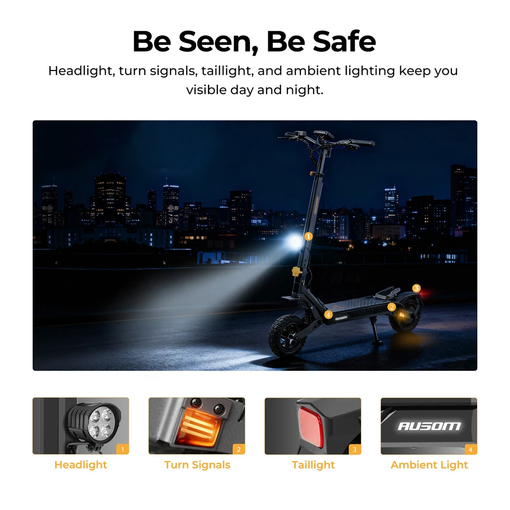 Trottinette électrique Ausom L1 Max, moteur 1000 W, batterie 48 V 20,8 Ah, pneus 10 pouces, vitesse maximale 50 km/h, autonomie 90 km, double frein à disque, suspension à ressort à bras oscillant, déverrouillage NFC et par code