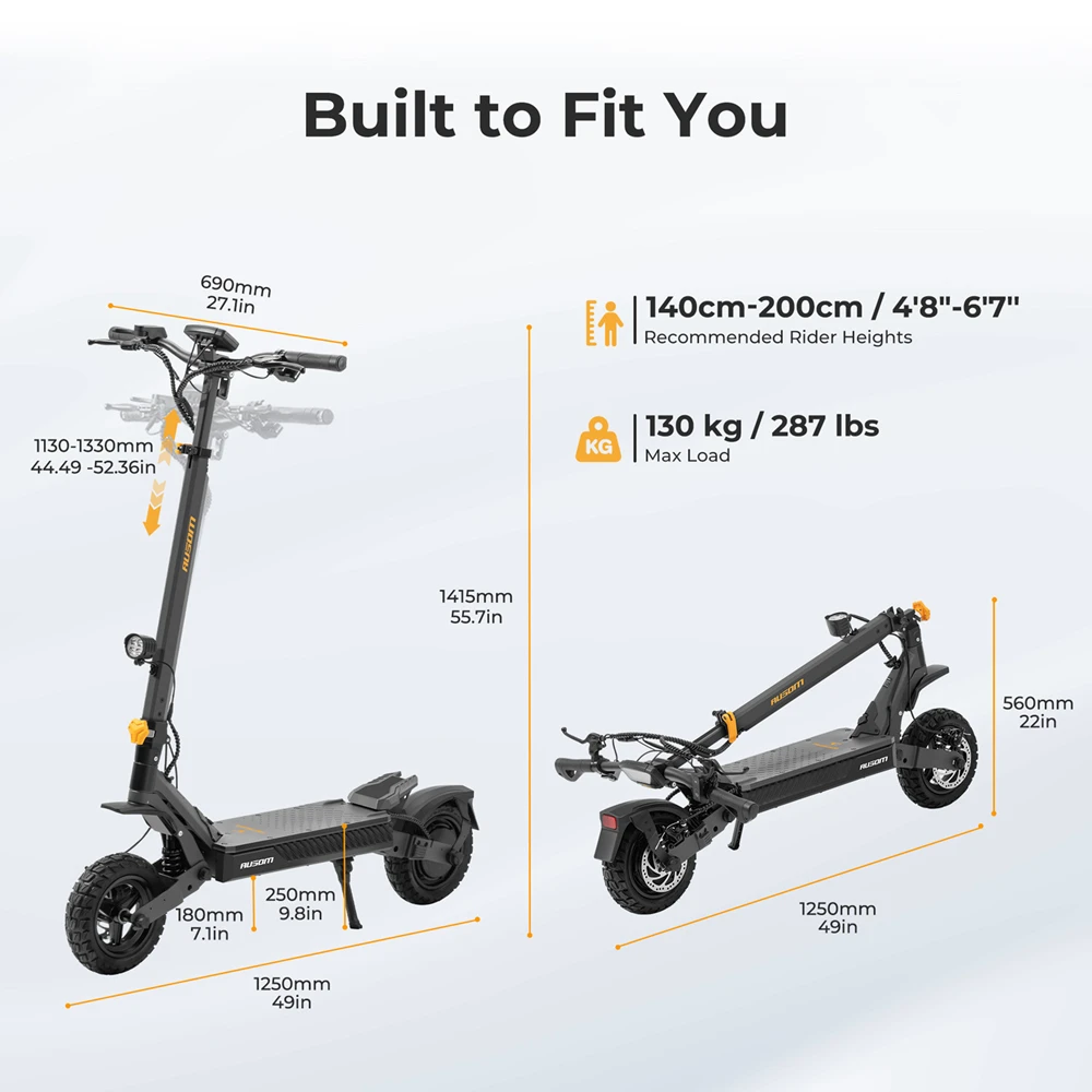 Trottinette électrique Ausom L1 Max, moteur 1000 W, batterie 48 V 20,8 Ah, pneus 10 pouces, vitesse maximale 50 km/h, autonomie 90 km, double frein à disque, suspension à ressort à bras oscillant, déverrouillage NFC et par code