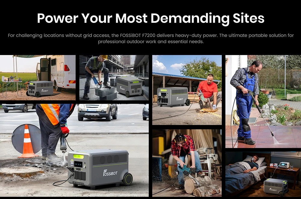 Station d'alimentation portable FOSSiBOT F7200, capacité de 5222,4 Wh, puissance de 7200 W, charge rapide hybride de 5200 W, commutation UPS < 10 ms, contrôle via application intelligente, batterie LiFePO4 de qualité véhicule électrique avec plus de 6500 cycles, générateur solaire pour alimentation de secours à domicile/camping/caravaning/urgence