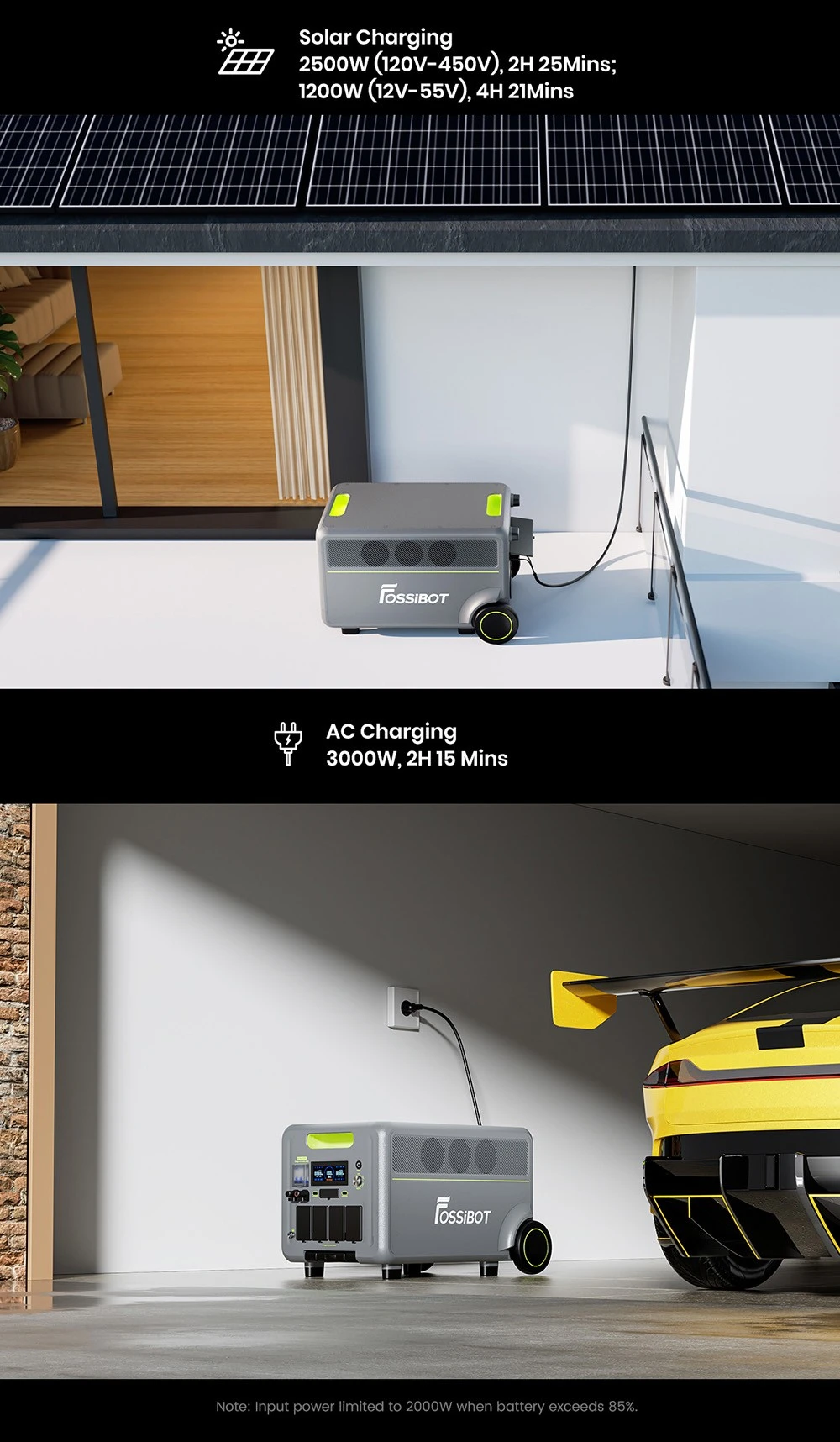 Station d'alimentation portable FOSSiBOT F7200, capacité de 5222,4 Wh, puissance de 7200 W, charge rapide hybride de 5200 W, commutation UPS < 10 ms, contrôle via application intelligente, batterie LiFePO4 de qualité véhicule électrique avec plus de 6500 cycles, générateur solaire pour alimentation de secours à domicile/camping/caravaning/urgence