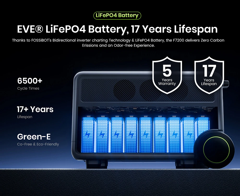 Station d'alimentation portable FOSSiBOT F7200, capacité de 5222,4 Wh, puissance de 7200 W, charge rapide hybride de 5200 W, commutation UPS < 10 ms, contrôle via application intelligente, batterie LiFePO4 de qualité véhicule électrique avec plus de 6500 cycles, générateur solaire pour alimentation de secours à domicile/camping/caravaning/urgence