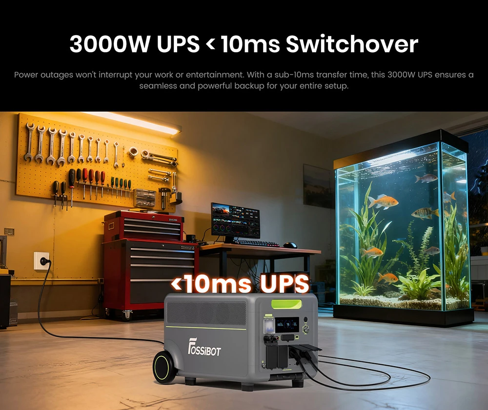 Station d'alimentation portable FOSSiBOT F7200, capacité de 5222,4 Wh, puissance de 7200 W, charge rapide hybride de 5200 W, commutation UPS < 10 ms, contrôle via application intelligente, batterie LiFePO4 de qualité véhicule électrique avec plus de 6500 cycles, générateur solaire pour alimentation de secours à domicile/camping/caravaning/urgence