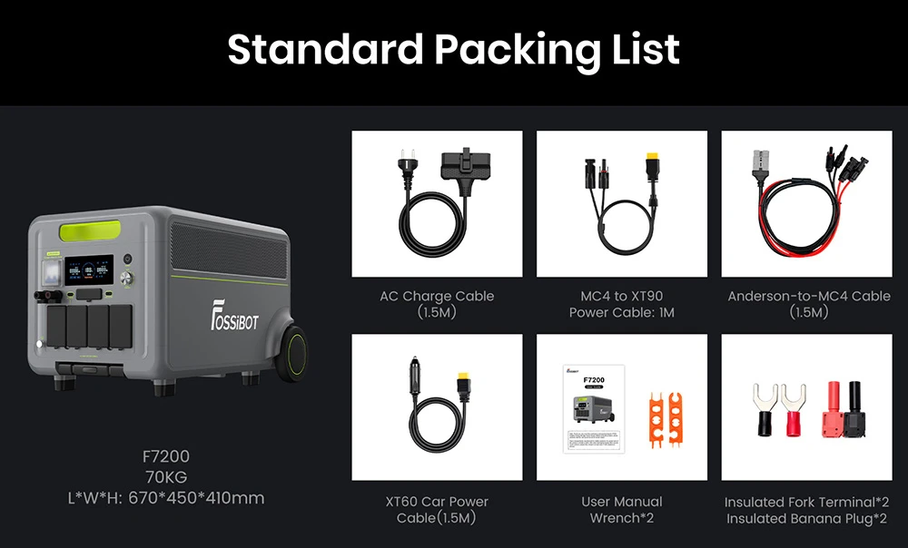 Station d'alimentation portable FOSSiBOT F7200, capacité de 5222,4 Wh, puissance de 7200 W, charge rapide hybride de 5200 W, commutation UPS < 10 ms, contrôle via application intelligente, batterie LiFePO4 de qualité véhicule électrique avec plus de 6500 cycles, générateur solaire pour alimentation de secours à domicile/camping/caravaning/urgence