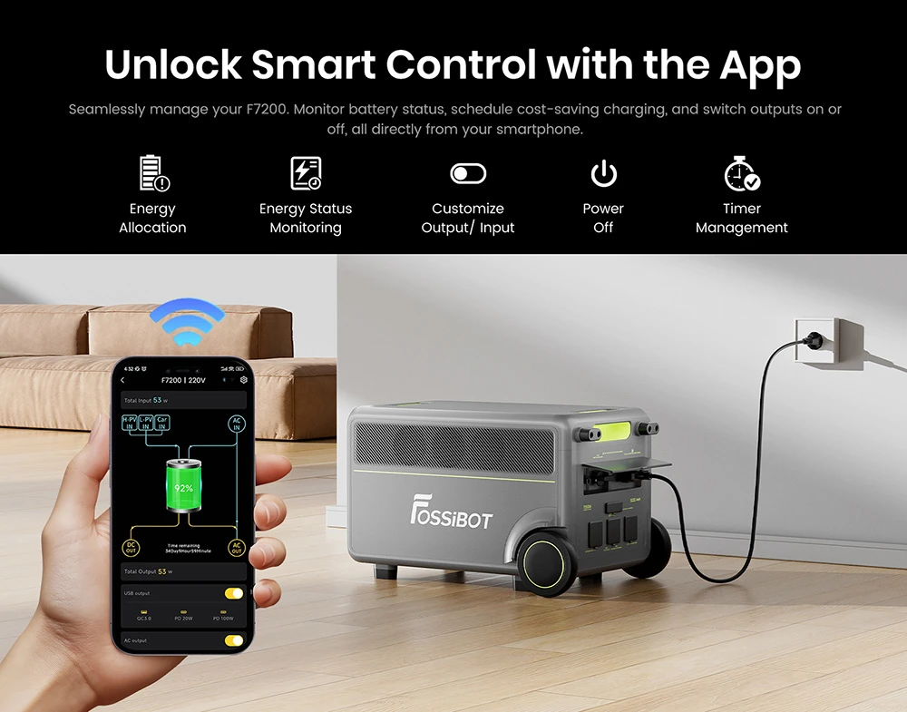 Station d'alimentation portable FOSSiBOT F7200, capacité de 5222,4 Wh, puissance de 7200 W, charge rapide hybride de 5200 W, commutation UPS < 10 ms, contrôle via application intelligente, batterie LiFePO4 de qualité véhicule électrique avec plus de 6500 cycles, générateur solaire pour alimentation de secours à domicile/camping/caravaning/urgence