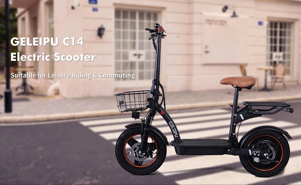 GELEIPU C14 Electric Scooter with Seat, 500W Motor, 48V 17.5Ah Battery, 14 inch Tires, 25km/h Max Speed, 100km Range, Front and Rear Disc Brakes, Dual Shock Absorption