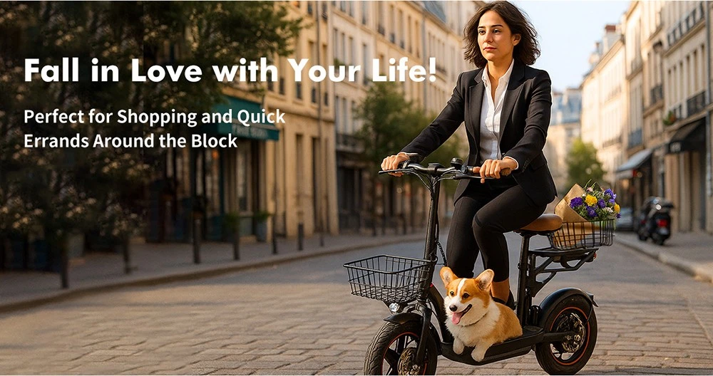 GELEIPU C14 Electric Scooter with Seat, 500W Motor, 48V 17.5Ah Battery, 14 inch Tires, 25km/h Max Speed, 100km Range, Front and Rear Disc Brakes, Dual Shock Absorption