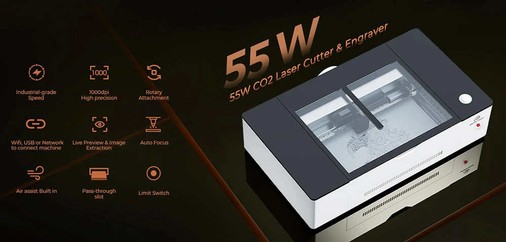 Gweike Cloud Pro 55W CO₂ Laser Engraver with Rotary Roller, Auto Focus, 600mm/s Speed, 0.001' Accuracy, 510mmx300mm Working Area, Compatible with Wood / Metal / Transparent Acrylic / Leather
