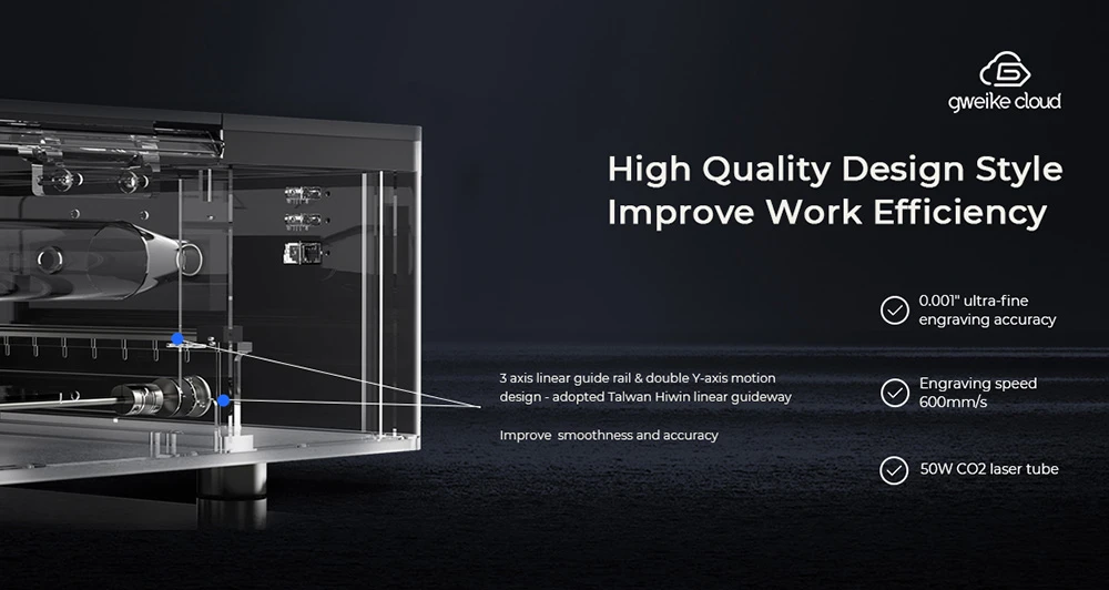 Gweike Cloud Pro 55W CO₂ Laser Engraver with Rotary Roller, Auto Focus, 600mm/s Speed, 0.001' Accuracy, 510mmx300mm Working Area, Compatible with Wood / Metal / Transparent Acrylic / Leather