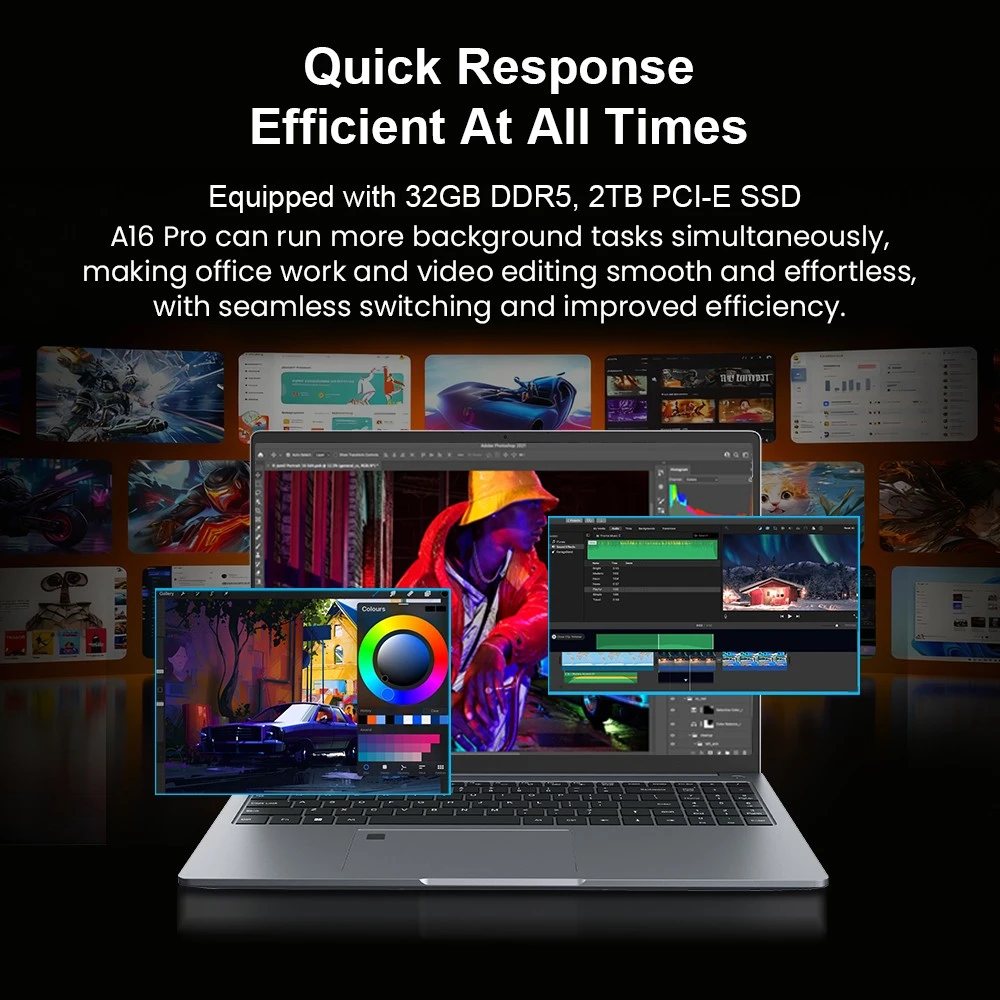 Laptop Ninkear A16 Pro, pantalla IPS de 16 pulgadas (2560 x 1600, 120 Hz), AMD Ryzen 7 8745HS, 8 núcleos (máximo 4.9 GHz), 32 GB de RAM, SSD de 2 TB, WiFi 6, Bluetooth 5.2, batería de 5050 mAh, desbloqueo por huella dactilar, 1 HDMI, 2 puertos Tipo C, 2 puertos USB 3.0, 1 micro SD, 1 RJ45, 1 conector de audio.