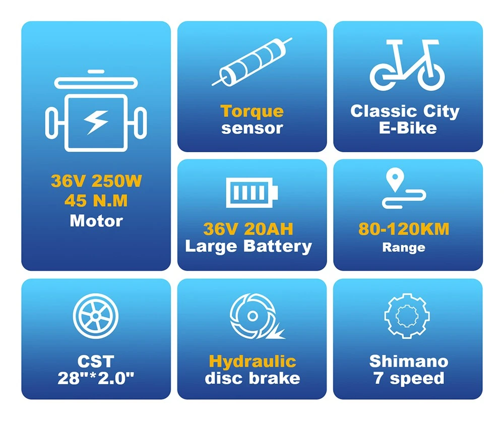 TTGO C3 Pro Electric Bike, 250W Motor, 36V 20Ah Battery, 28 inch Tires, 25km/h Max Speed, 120km Max Range, Hydraulic Disc Brake, Suspension Fork, Torque Sensor, Shimano 7-speed, LCD Display - Black