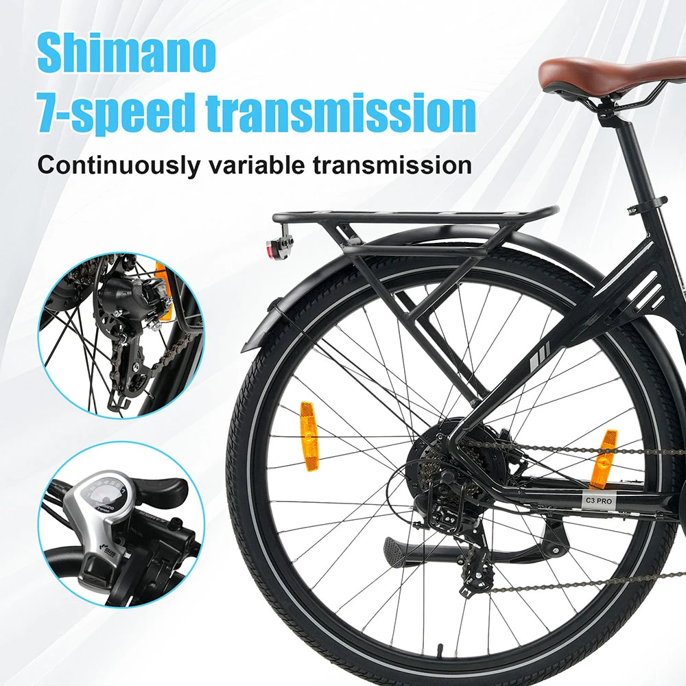 TTGO C3 Pro Electric Bike, 250W Motor, 36V 20Ah Battery, 28 inch Tires, 25km/h Max Speed, 120km Max Range, Hydraulic Disc Brake, Suspension Fork, Torque Sensor, Shimano 7-speed, LCD Display - Black