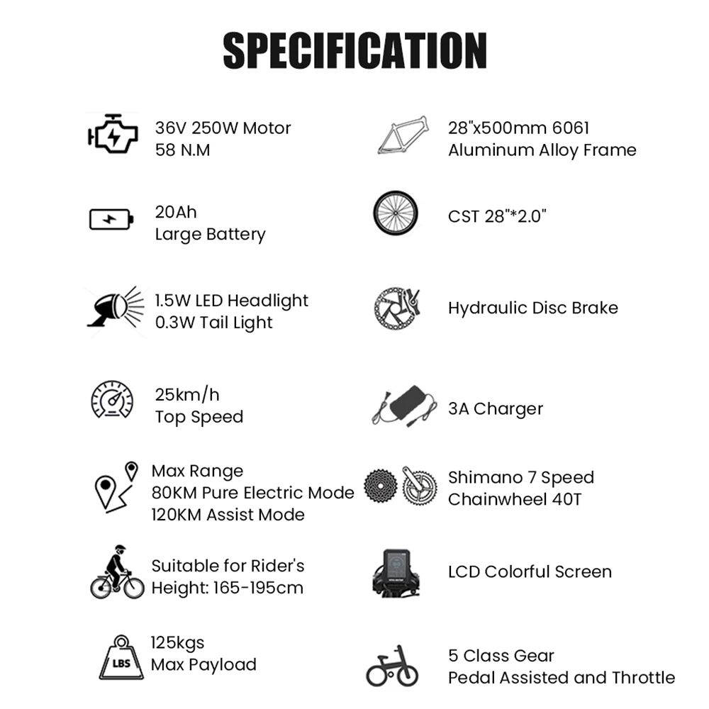TTGO C3 Pro Electric Bike, 250W Motor, 36V 20Ah Battery, 28 inch Tires, 25km/h Max Speed, 120km Max Range, Hydraulic Disc Brake, Suspension Fork, Torque Sensor, Shimano 7-speed, LCD Display - Black