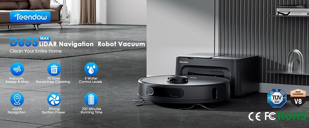 Aspirateur robot Teendow D65S MAX, vidange automatique après 70 jours, puissance d'aspiration de 6 000 Pa, station d'aspiration de 17 kPa, autonomie de 220 min, franchissement d'obstacles jusqu'à 20 mm, 4 niveaux de puissance, bac à poussière de 250 ml et réservoir d'eau de 350 ml