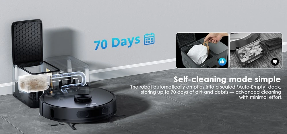 Aspirateur robot Teendow D65S MAX, vidange automatique après 70 jours, puissance d'aspiration de 6 000 Pa, station d'aspiration de 17 kPa, autonomie de 220 min, franchissement d'obstacles jusqu'à 20 mm, 4 niveaux de puissance, bac à poussière de 250 ml et réservoir d'eau de 350 ml