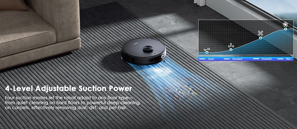 Aspirateur robot Teendow D65S MAX, vidange automatique après 70 jours, puissance d'aspiration de 6 000 Pa, station d'aspiration de 17 kPa, autonomie de 220 min, franchissement d'obstacles jusqu'à 20 mm, 4 niveaux de puissance, bac à poussière de 250 ml et réservoir d'eau de 350 ml