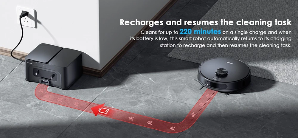 Aspirateur robot Teendow D65S MAX, vidange automatique après 70 jours, puissance d'aspiration de 6 000 Pa, station d'aspiration de 17 kPa, autonomie de 220 min, franchissement d'obstacles jusqu'à 20 mm, 4 niveaux de puissance, bac à poussière de 250 ml et réservoir d'eau de 350 ml