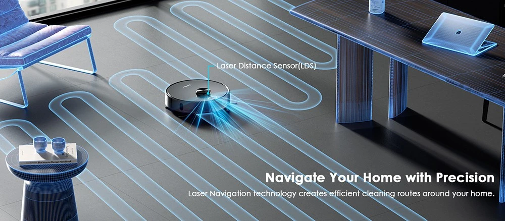 Aspirateur robot Teendow D65S MAX, vidange automatique après 70 jours, puissance d'aspiration de 6 000 Pa, station d'aspiration de 17 kPa, autonomie de 220 min, franchissement d'obstacles jusqu'à 20 mm, 4 niveaux de puissance, bac à poussière de 250 ml et réservoir d'eau de 350 ml