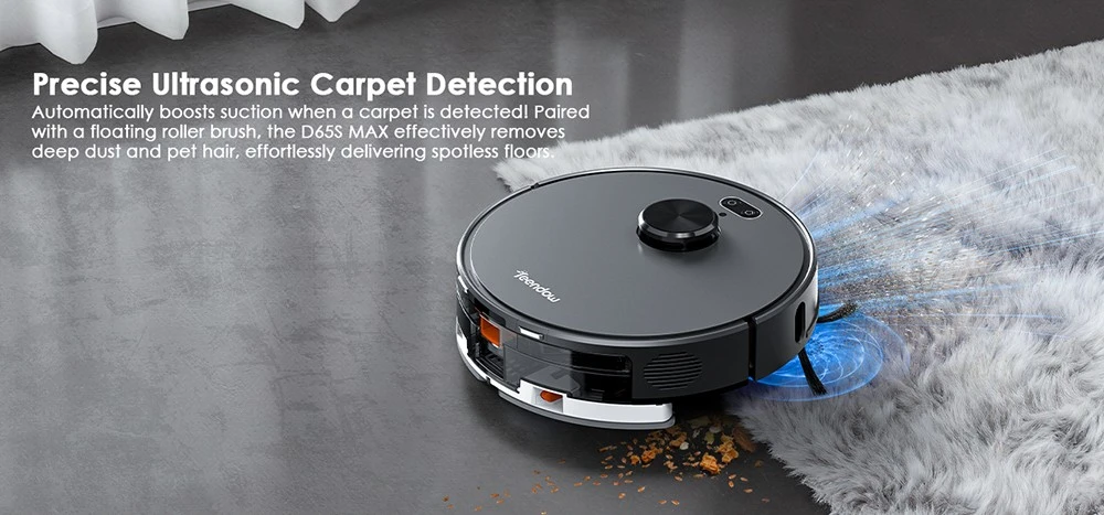 Aspirateur robot Teendow D65S MAX, vidange automatique après 70 jours, puissance d'aspiration de 6 000 Pa, station d'aspiration de 17 kPa, autonomie de 220 min, franchissement d'obstacles jusqu'à 20 mm, 4 niveaux de puissance, bac à poussière de 250 ml et réservoir d'eau de 350 ml