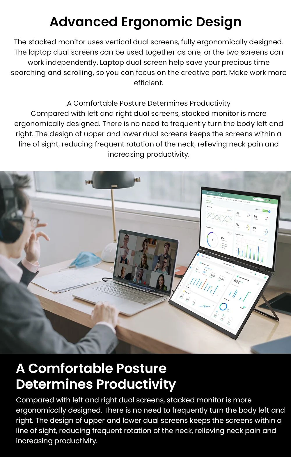 Monitor portátil de doble pantalla táctil Delta Max UPERFECT, 18.5 pulgadas, 1920 x 1080, 100 Hz, IPS, ángulo de visión de 178°, altavoces integrados, 2 puertos tipo C con todas las funciones, 1 USB, 1 mini HDMI (enchufe de la UE).