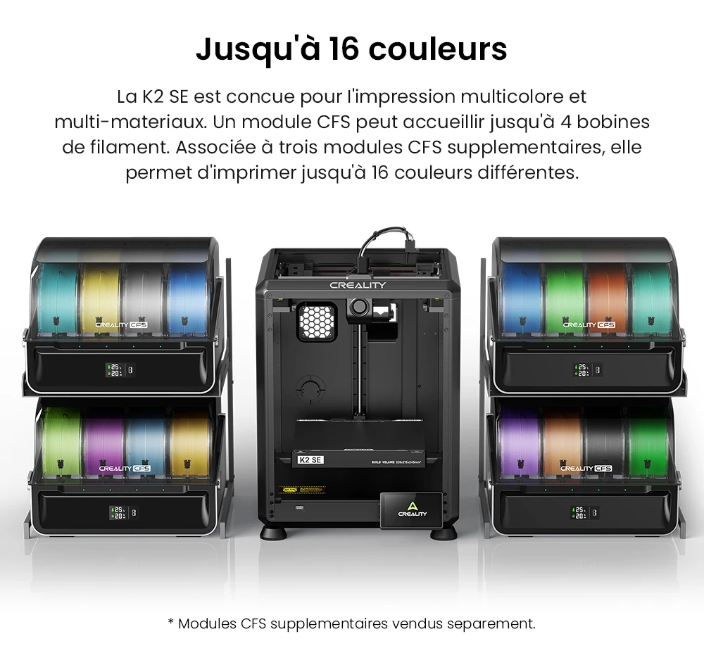 Creality K2 SE Combo Imprimante 3D avec Enceinte, Vitesse 500 mm/s, Précision 0,1 mm, Volume de construction 220×215×245 mm, Nivellement automatique, Buse 300 °C pour impression multi-matériaux