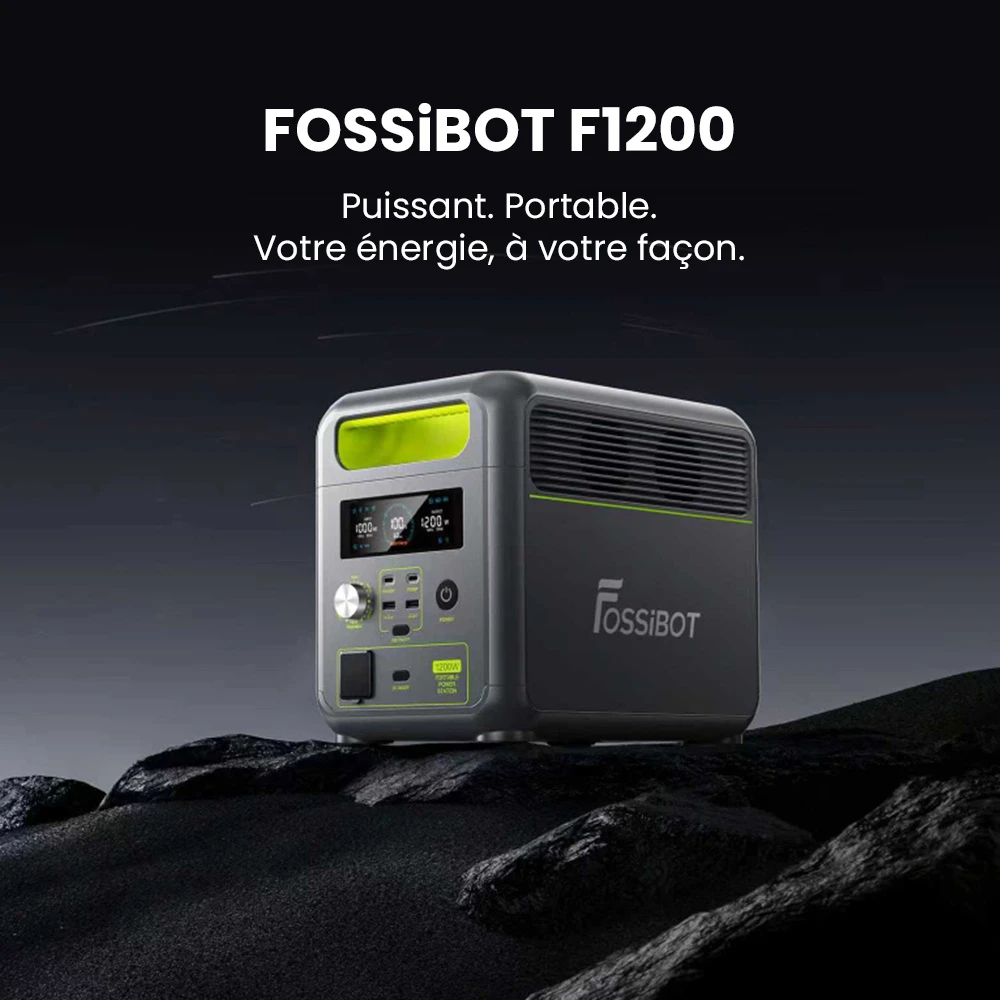 Centrale électrique portable FOSSiBOT F1200, capacité de 1 024 Wh, puissance nominale de 1 200 W, 3 modes d'éclairage LED, 7 ports de sortie, protection BMS, commutation < 10 ms, régulateur d'entrée à 5 vitesses, batterie LiFePO4 de qualité EV, plus de 4 000 cycles