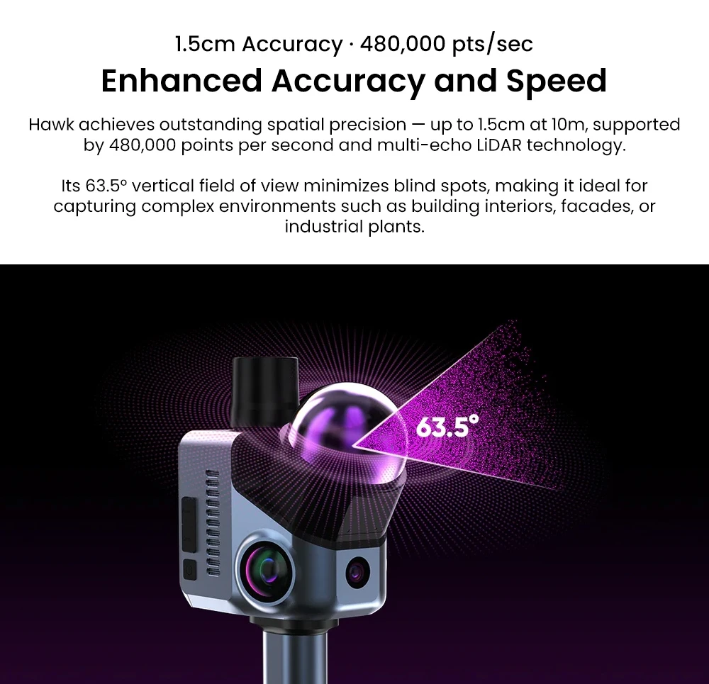 Scanner 3D LiDAR 3DMakerpro Hawk, précision de 1,5 cm, 484 000 points/s, champ de vision de 360° × 63,5°, portée de 80 à 140 m, double caméra 13 MP, boîtier métallique IP65, batterie 12 000 mAh