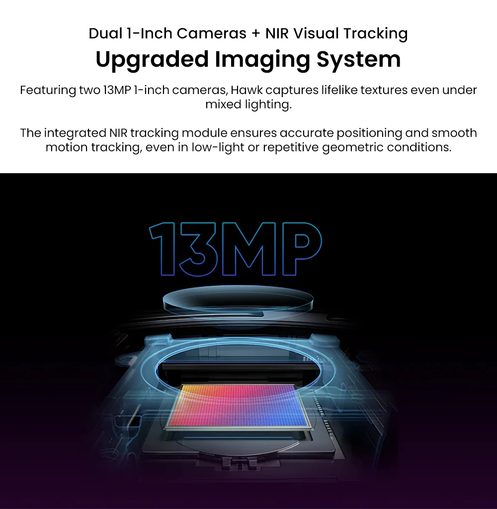 Scanner 3D LiDAR 3DMakerpro Hawk, précision de 1,5 cm, 484 000 points/s, champ de vision de 360° × 63,5°, portée de 80 à 140 m, double caméra 13 MP, boîtier métallique IP65, batterie 12 000 mAh