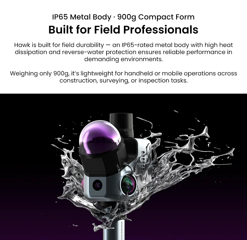 Scanner 3D LiDAR 3DMakerpro Hawk, précision de 1,5 cm, 484 000 points/s, champ de vision de 360° × 63,5°, portée de 80 à 140 m, double caméra 13 MP, boîtier métallique IP65, batterie 12 000 mAh
