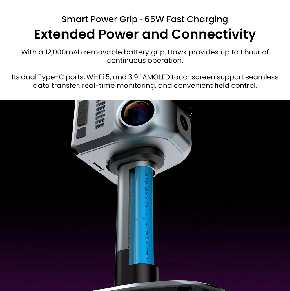 Scanner 3D LiDAR 3DMakerpro Hawk, précision de 1,5 cm, 484 000 points/s, champ de vision de 360° × 63,5°, portée de 80 à 140 m, double caméra 13 MP, boîtier métallique IP65, batterie 12 000 mAh
