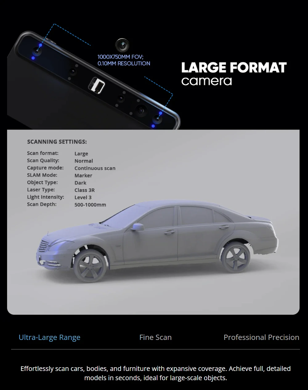 Scanner 3D 3DMakerpro Toucan Premium, précision de 0,03 mm, tout-en-un autonome, double champ de vision 135 × 185 – 1000 × 750 mm, appareil photo couleur 48 MP, batterie 6600 mAh, Wi-Fi 6