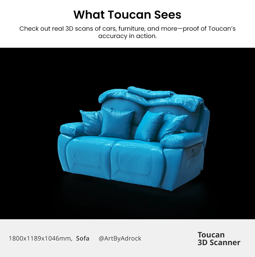 Scanner 3D 3DMakerpro Toucan Premium, précision de 0,03 mm, tout-en-un autonome, double champ de vision 135 × 185 – 1000 × 750 mm, appareil photo couleur 48 MP, batterie 6600 mAh, Wi-Fi 6