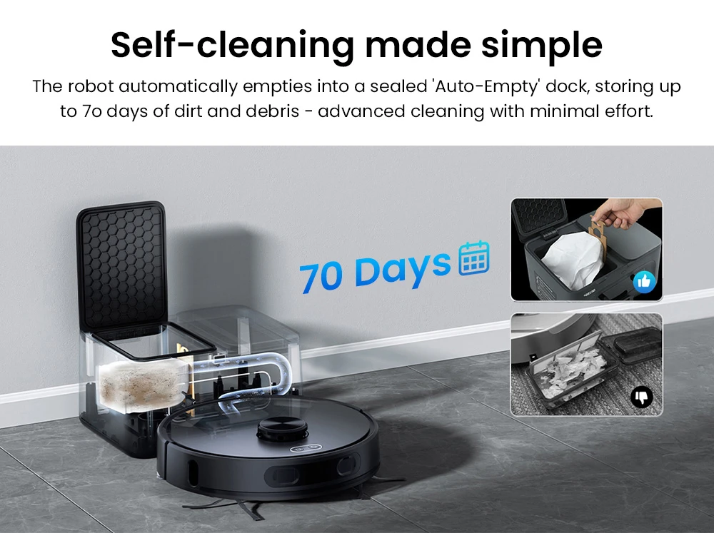 Robot aspirapolvere Teendow D65S MAX, svuotamento automatico dopo 70 giorni, aspirazione 6000 Pa, stazione di polvere 17 kPa, autonomia 220 minuti, passaggio ostacoli 20 mm, controllo della potenza a 4 livelli, contenitore polvere da 250 ml e serbatoio acqua da 350 ml