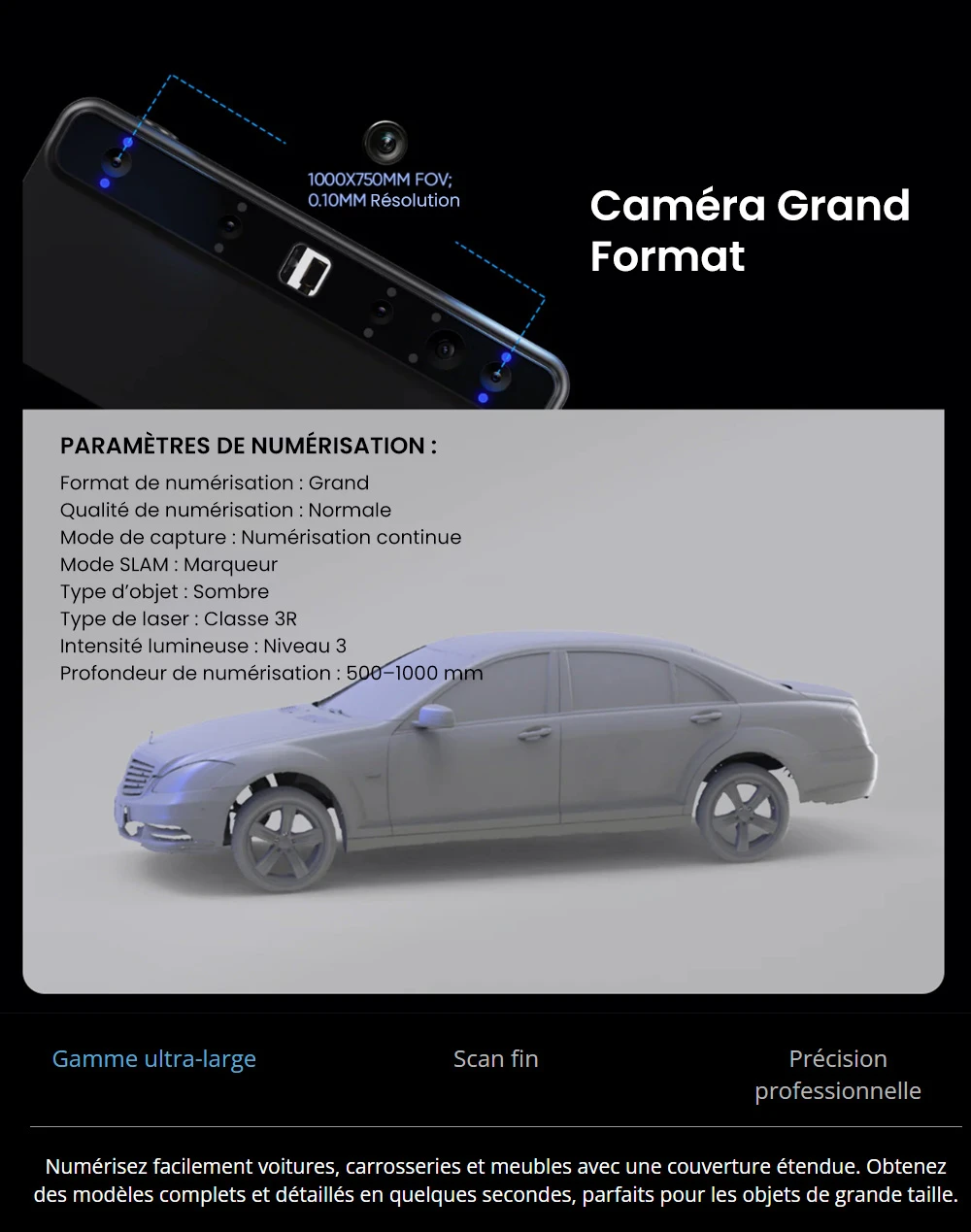 3DMakerpro Toucan Premium Scanner 3D, Précision de 0,03mm, Tout-en-un Autonome, Double FOV 135×185mm - 1000×750mm, Couleur 48MP, Batterie 6600mAh, Wi-Fi 6